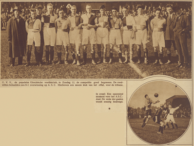 870227 Collage van 2 foto's betreffende de voetbalwedstrijd U.V.V.-A.S.C., die door U.V.V. met 6-1 werd gewonnen, op ...
